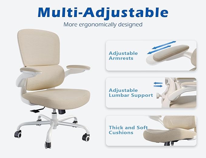 TRALT Ergonomic Office Chair - Desk Chair with Adjustable Lumbar Support Computer Chair - Mesh Comfy Chair with Flip-up Armrests - Gaming Chairs for Adults Home Office (Leather, Beige)