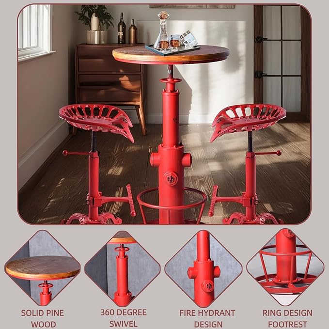 Vintage 38.6-44.4inch Height Adjustable Bar Table Industrial Fire Hydrant Design Pub Tables Farmhouse Cafe Cocktail Desk Rustic Bistro Table Swivel Wooden Top
