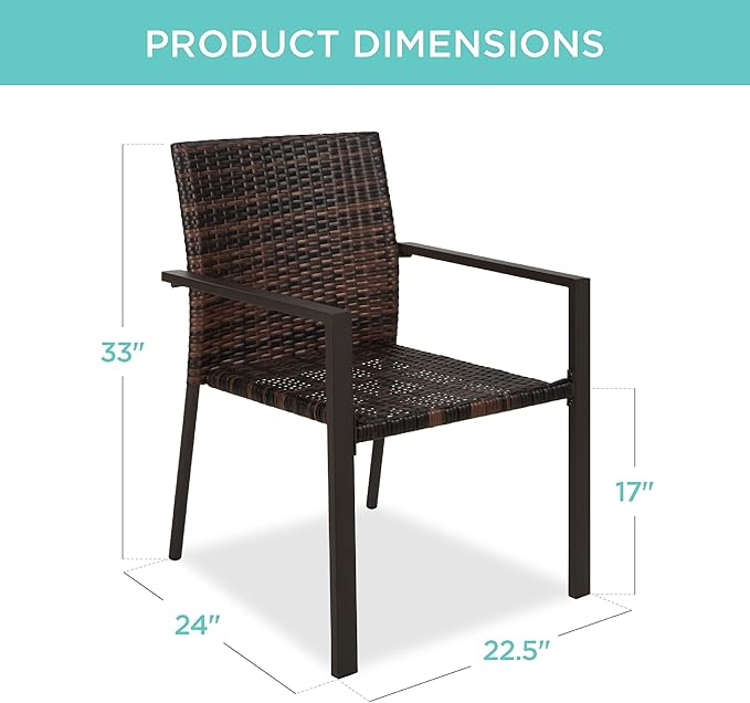 Best Choice Products Set of 2 Stackable Outdoor Wicker Dining Chairs All-Weather Firepit Armchair w/Armrests, Steel Frame for Patio, Deck, Garden, Yard - Brown