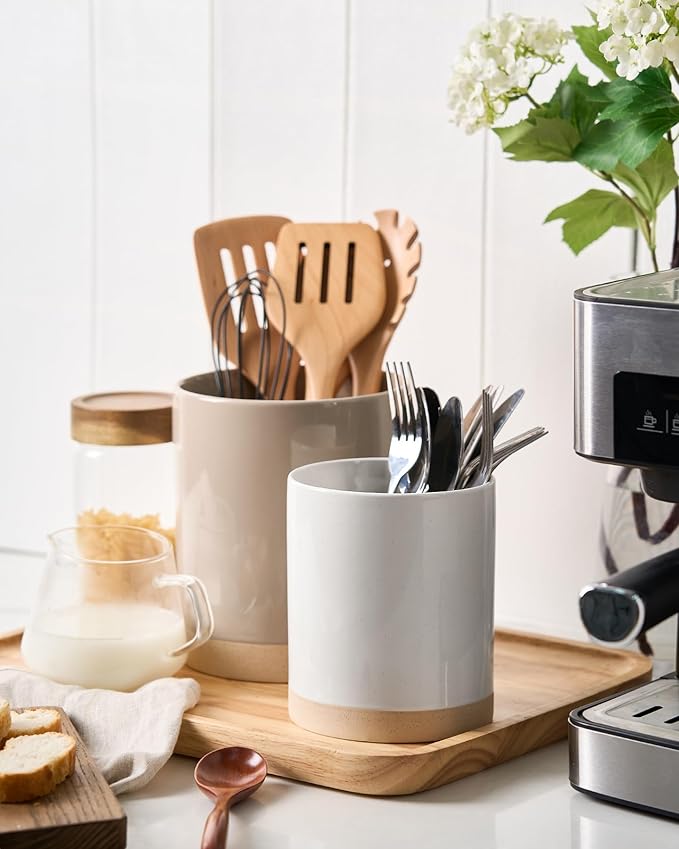 famiware Milkyway Kitchen Utensil Holder for Countertop, Ceramic Cooking Utensil Crocks for Kitchen Counter, Utensil Organizer for Spatula & Spoon, Set of 2, Cinnamon Brown and White