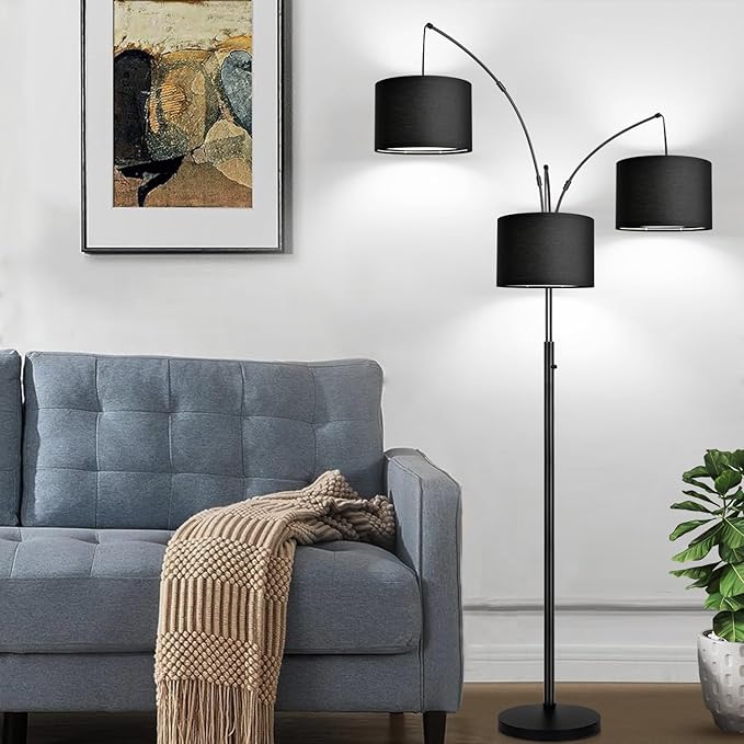 Dimmable Floor Lamp - 3 Lights Arc Floor Lamps for Living Room, 1000LM Modern Tall Standing Lamp With Black Shades & Heavy Base, Mid Century Tree Floor Lamp for Bedroom Office, 3 LED Bulbs Included