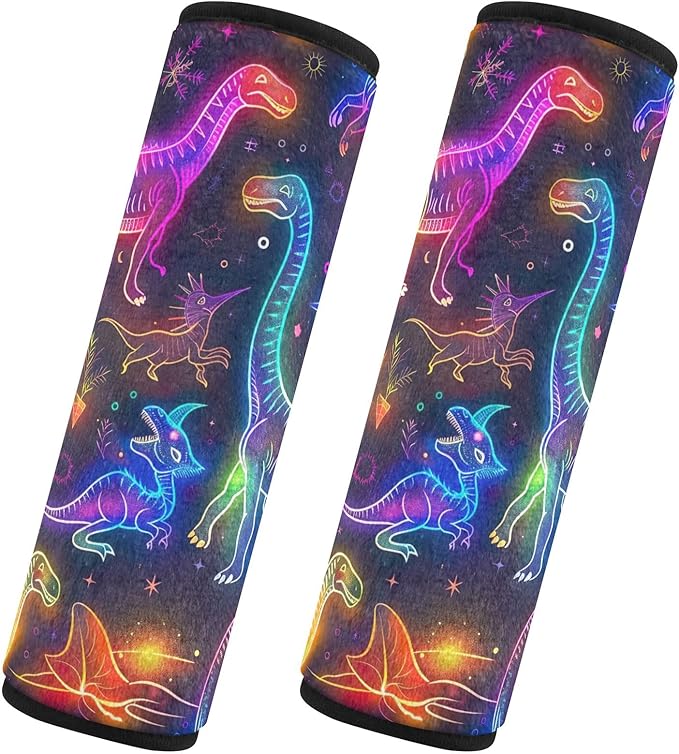 CHIFIGNO 2Pcs Seat Belt Cover Neon Colored Line Art Dinosaurs Seatbelt Pad Fashion Shoulder Strap Pad for Adults Kids