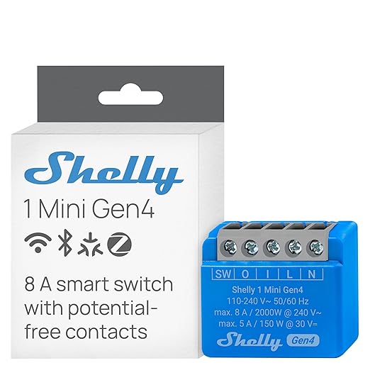 Shelly 1 Mini Gen4 | Wi-Fi, Zigbee & Matter Smart Relay Switch with Dry Contacts, 1-Channel 8A | Home Automation | Alexa, SmartThings, Google Home, Apple HomeKit Compatible | Garage Door Opener