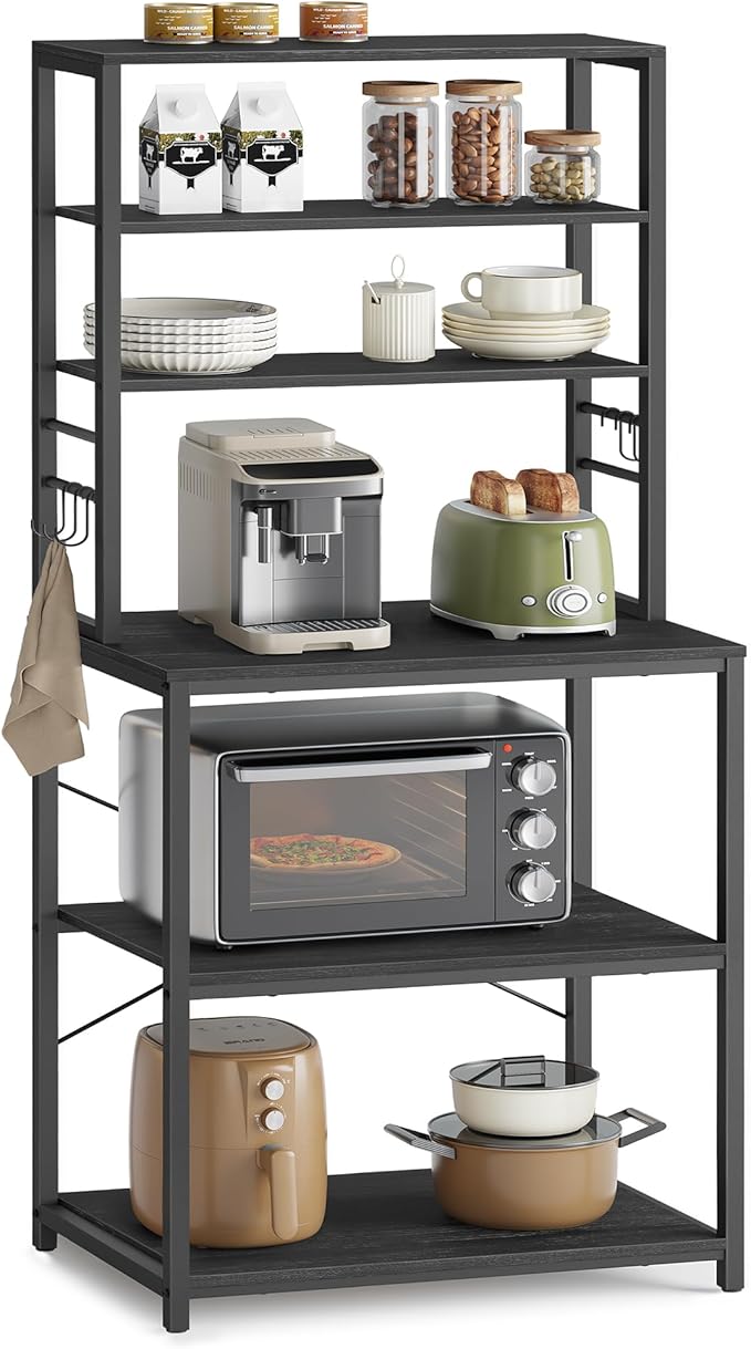VASAGLE Coffee Bar, Baker’s Rack for Kitchen with Storage, 6-Tier Kitchen Shelves with 6 Hooks, Microwave Stand, Industrial, 15.7 x 23.6 x 65.7 Inches, Charcoal Gray and Black UKKS024B22