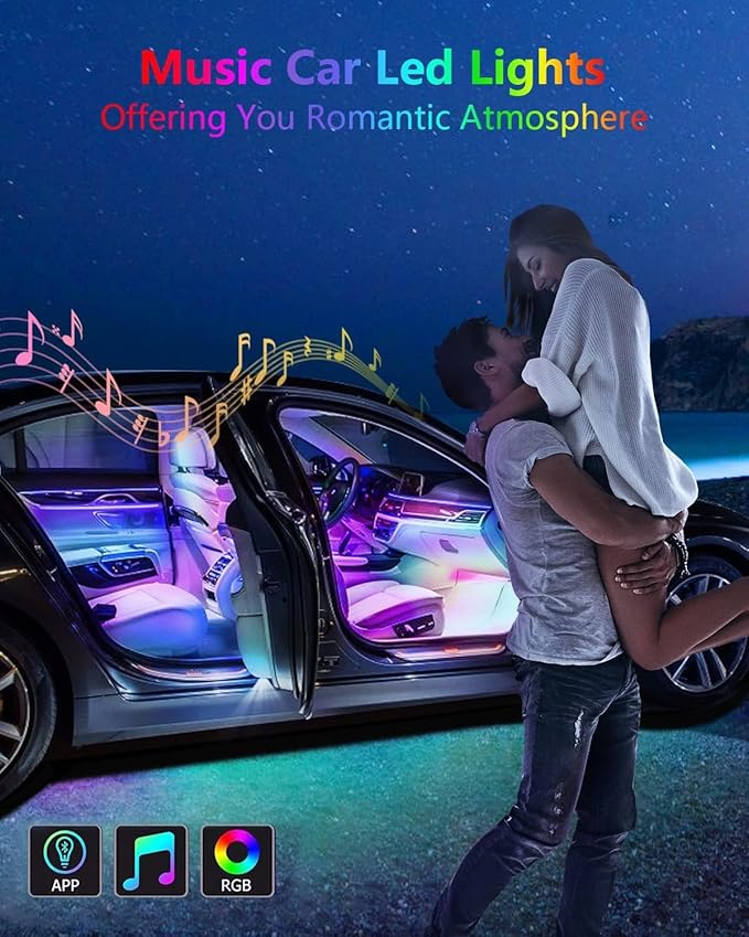 YM E-Bright RGB Car Led Strip Lights with App Control Remote Smart Interior Neon Under Dash Footwell with Car Charger USB Powered DIY Mode Music Sync Multicolor Change 2 Lines Design