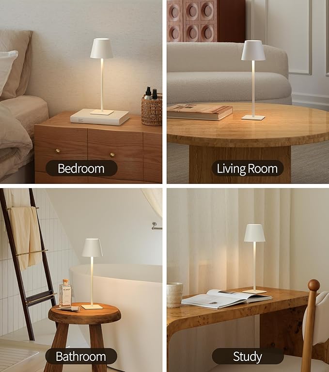 UME Cordless Table Lamp, Battery Operated Lamp - Portable Waterproof Rechargeable Table Lamp w/ 3 Color Temps & Stepless Dimming for Dinner, Desk, Cafe, Outdoor (White)