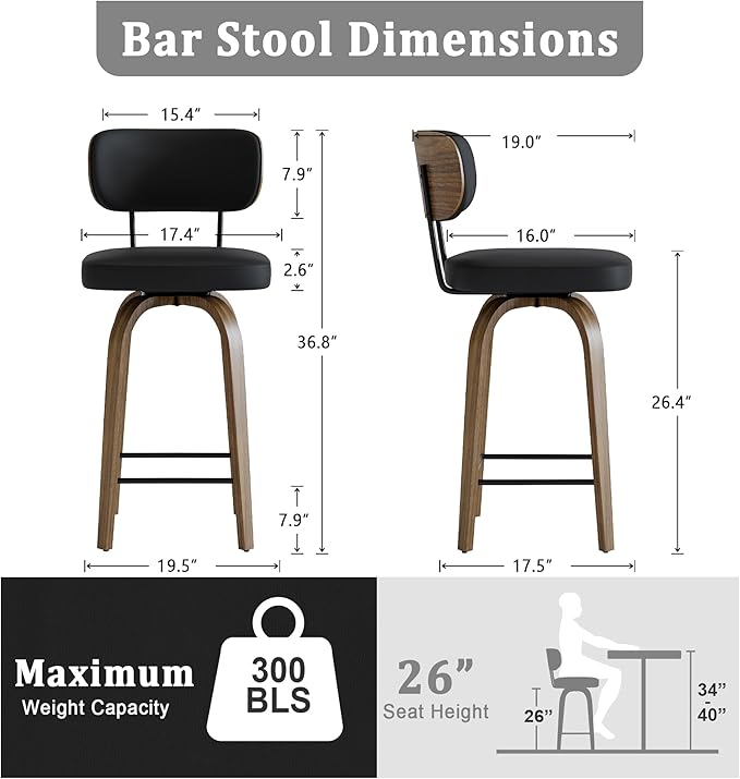 Swivel Counter Height Bar Stools with Back Set of 2, 26" Faux Leather Kitchen Bar Stools with Wood Legs and Metal Footrest for Kitchen Island (Black PU)