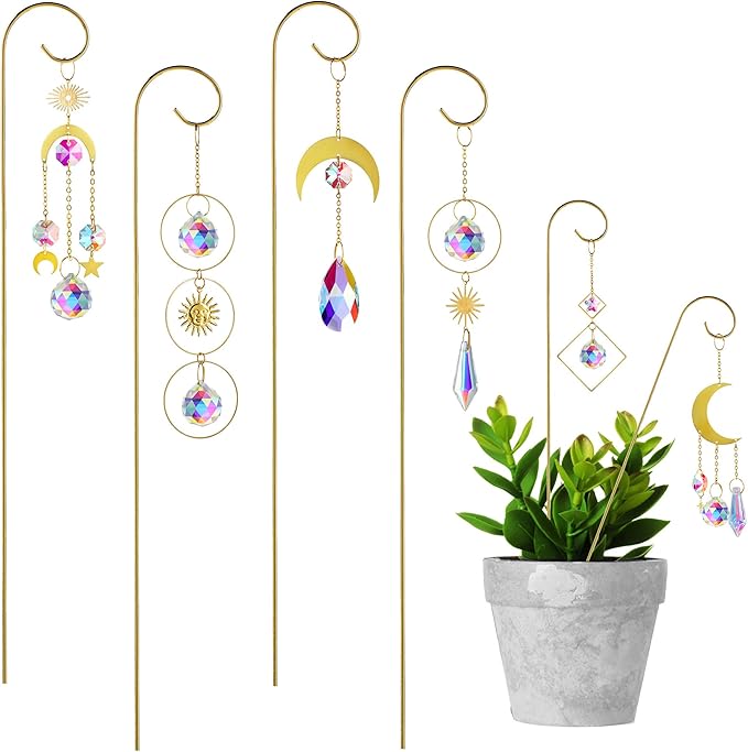 HDCRYSTALGIFTS 6PCS Small Trellis for Potted Plants Indoor with Crystal Sun Catcher, 13.5'' Metal Plant Stakes Suncatchers for Mini Potted Plant Accessories Home Garden Decor