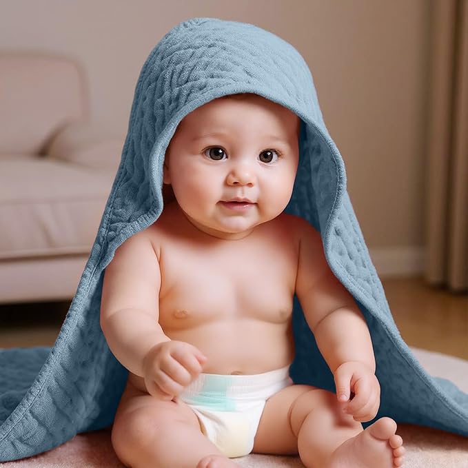 VitalCozy 6 Pcs Baby Muslin Hooded Bath Towels and Washcloths Muslin Cotton Hooded Baby Towels Absorbent Blankets for Gift Newborn Infant Shower (32 x 32 Inch,Mint Blue,Sky Blue)