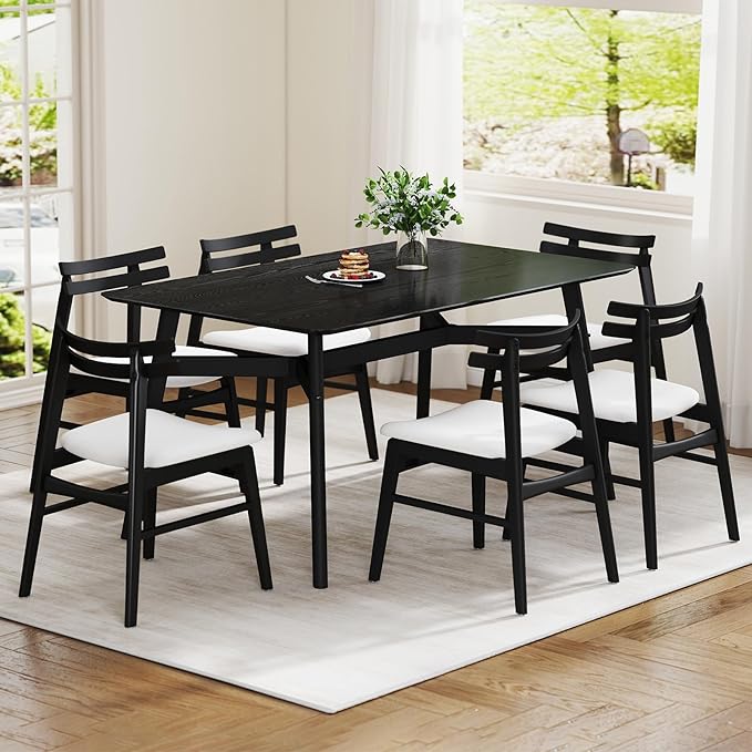 VESCASA 5-Piece Dining Set, 59" L Black Rectangle Wood Dining Table with 4 Curved Back Chenille Beige Wood Dining Chairs for Dining Room, Kitchen, Restaurant, Dining Set for 4