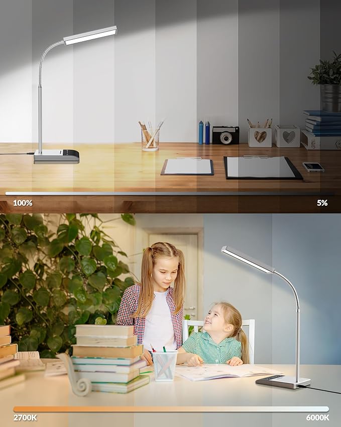 LEPOWER Desk Lamp, 800LM LED for Home Office, 12W Reading for Desk, Eye-Caring Light, Touch Table Gooseneck Lamp, 50 Lighting Modes, Bright for Bedroom, Study (Grey)