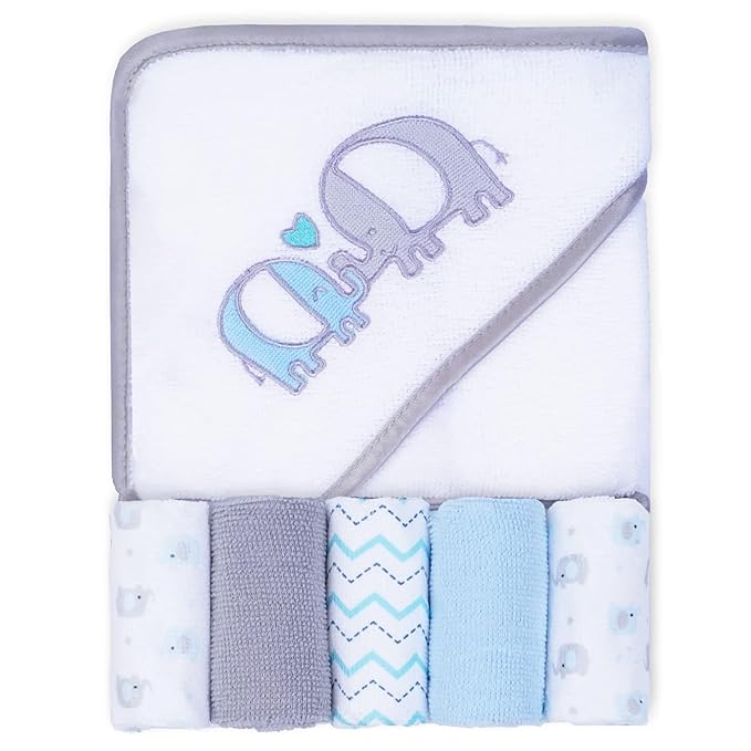 Viviland Baby Towels and Washcloths, Soft Absorbent Baby Bath Towel Set, Elephant Hooded Towels with 5 Infant Face Washcloths (6 Pieces)