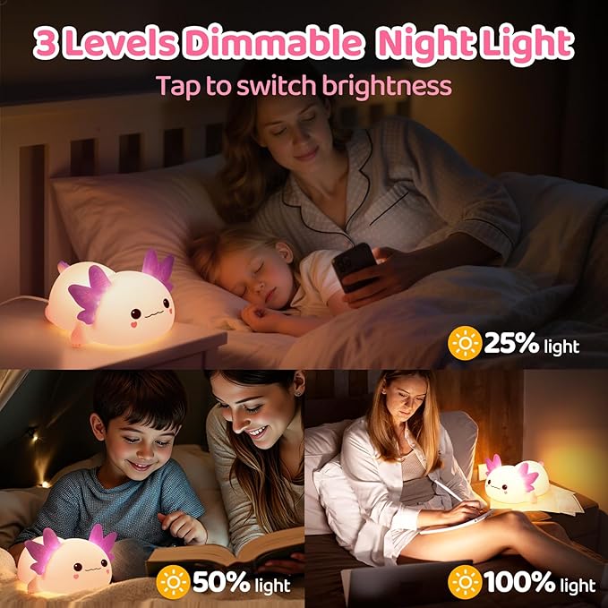 Mewaii Huggwaii Squishy Axolotl Night Light for Kids, 4 Soothing White Noise Sounds, Dimmable Silicone Axolotl Lamp Toddler Light, Upgraded Rechargeable Nightlight,Baby Gifts & Girls Room Decor