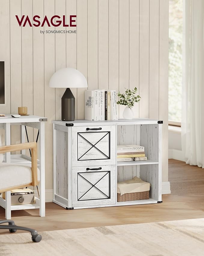 VASAGLE Lateral File Cabinet, Filing Cabinet with 2 Drawers, Printer Stand, 2 Open Compartments, Fit A4, Letter Size, Hanging File Folders, for Home Office, Farmhouse Style, Rustic White UOFC049T73