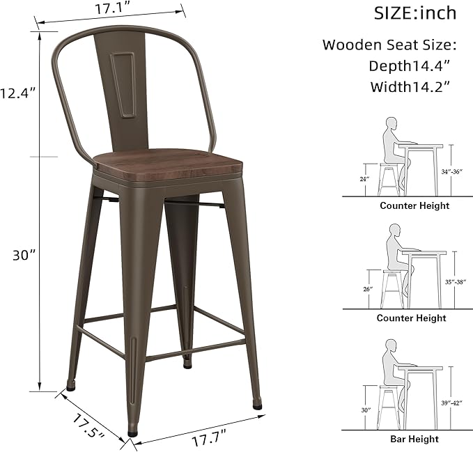 Yongqiang 30 inch Metal Bar Stools Set of 4 Bar Height Stools Kitchen Island Barstools High Back Bar Chairs with Large Wooden Seat Industrial Rusty