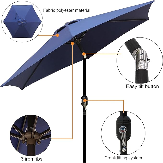 Blissun 7.5 ft Patio Umbrella, Yard Umbrella, Outdoor Market Umbrella with Push Button Tilt Crank (Navy Blue)