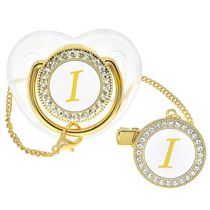 Bling Personalized Baby Pacifier with Pacifier Clips and Anti-dust Cover A-Z 26 Letters(Gold Transparent,I)