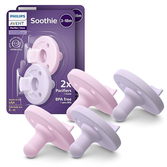 Philips Avent Soothie Baby Pacifiers - 100% Silicone Pacifiers for Babies 3-18 Months, One-piece Design, BPA-Free, Extra Durable, Lilac and Pink, 4 Pack, Model SCF192/70