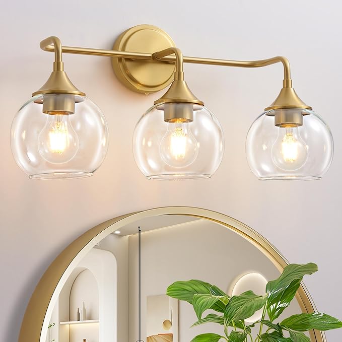 Gold Bathroom Light Fixtures 3 Light Bathroom Vanity Light with Clear Glass Shade, 22 inch Vanity Lighting Fixtures Over Mirror, Vanity Lights Fixture (Exclude E26 Bulb)