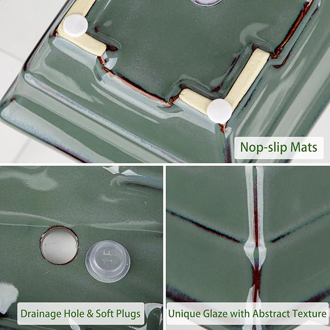 Ceramic Bonsai Pots with Drainage Trays Set of 2, Green Glazed Bonsai Planters for Indoor/Outdoor Use, Rectangular Shallow Bonzai Tree Pot for Succulent, Orchids, Cacti, Home, Patio, Garden, 7.5"x5.5"