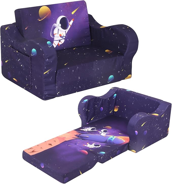 Astronaut Kids Sofa, 2-in-1 Kids Couch Fold Out, Convertible Sofa to Bed for Girls and Boys
