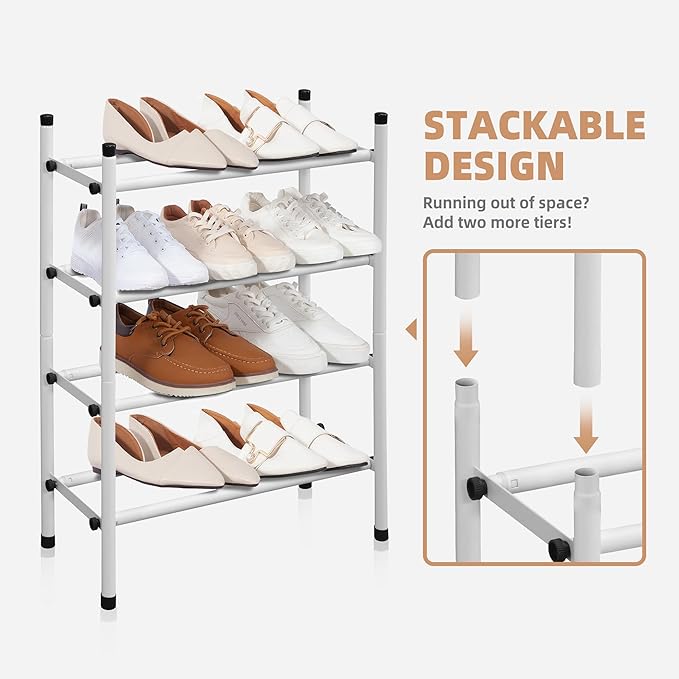 STORAGE MANIAC Expandable Shoe Rack, 8 Pairs Stackable Small Shoe Rack, Metal Adjustable Shoes Organizer for Closet, Entryway, Hallway, Garage, Front Door, Shoes Shelves, White 2 Tier