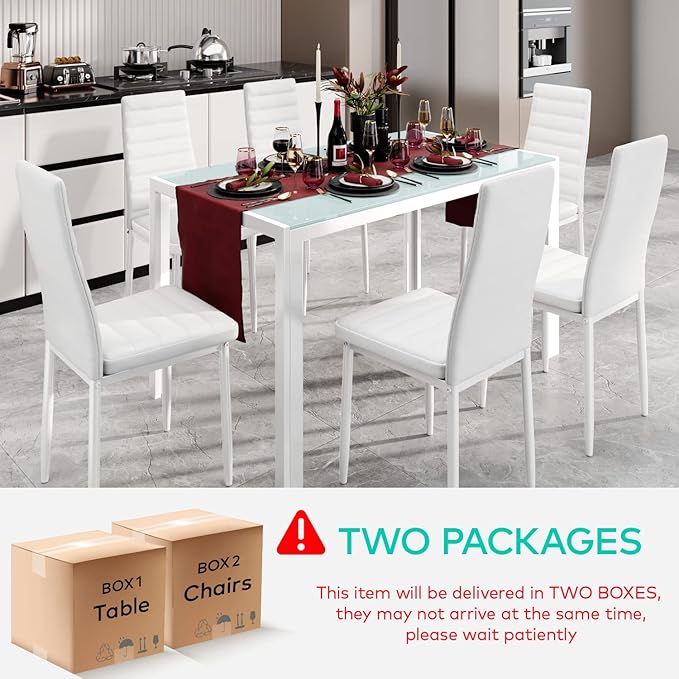 Gizoon Glass Dining Table Sets for 6, 7 Piece Kitchen Table and Chairs Set for 6 Person, PU Leather Modern Dining Room Sets for Home, Kitchen, Living Room