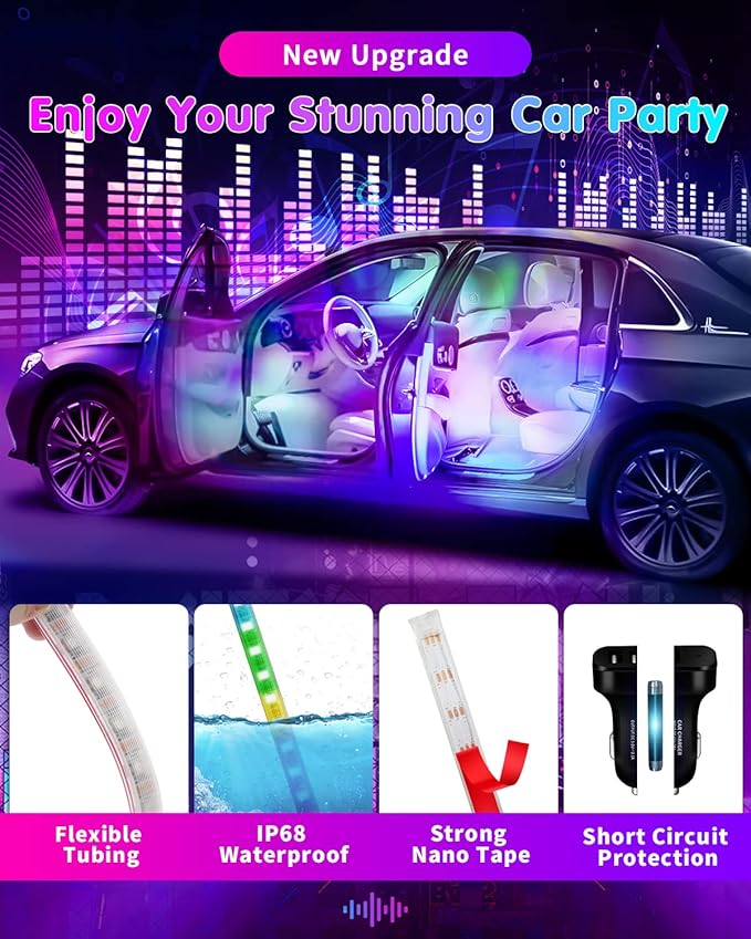 RGB 72 LED Interior Car Strip Lights with Smart APP Control, 2 Lines Design Music Sync Under Dash Footwell Neon Internal Lighting,12V LED Strip Lights for Cars, Trucks, SUVs with Car Charger(1 Set)