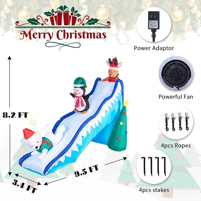 Bshine Christmas Inflatable Outdoor Decorations - 9.5 FT Christmas Inflatable Fun Slide Scene with Penguin Reindeer Polar Bear Blow Up Xmas Decorations with LED Lights for Lawn Garden Decor
