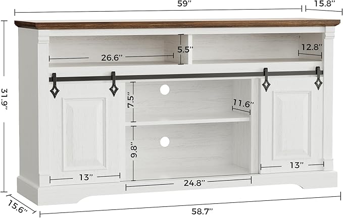 IRONCK Farmhouse TV Stand for 65+ Inch TV, 59" Entertainment Center with Storage Cabinets and Sliding Barn Door, Media Console for Living Room, White