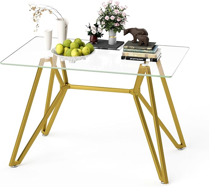 47.3" Glass Dining Table Modern Kitchen Table for 4 People Rectangular Dining Room Dinner Tables with Clear Glass Top & Gold Metal Legs for Kitchen Apartment