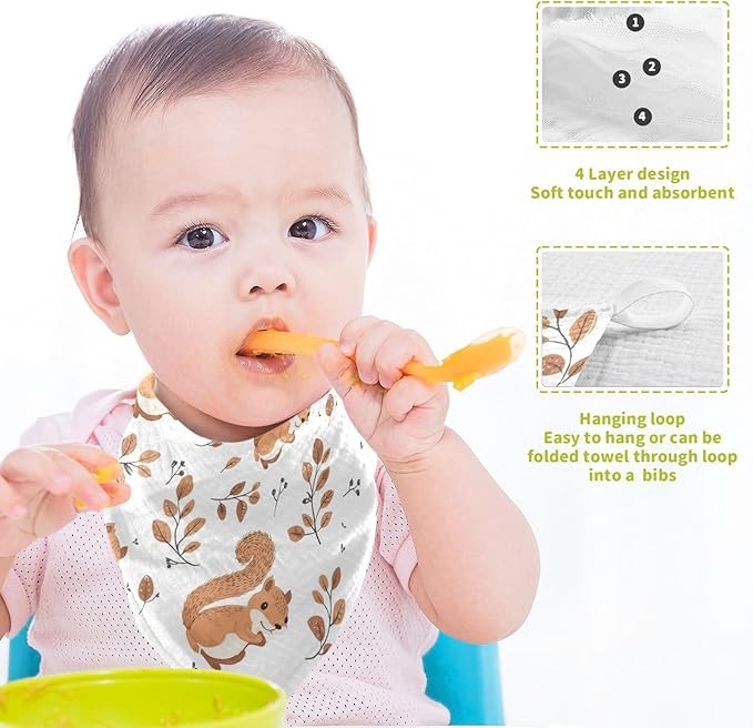 vvfelixl Baby Muslin Washcloths Cute Squirrel with Tail Baby Burp Cloths Cotton Babys Face Towel for Newborn Infants Boys Girls Soft and Absorbent 11.8 X 11.8 in, 3 Pack