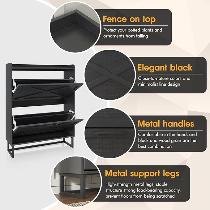Maupvit Shoe Storage Cabinet with 2 Flip Drawers, Freestanding Organizer with Metal Legs for Entryway, Narrow Shoe Rack Cabinet, Black