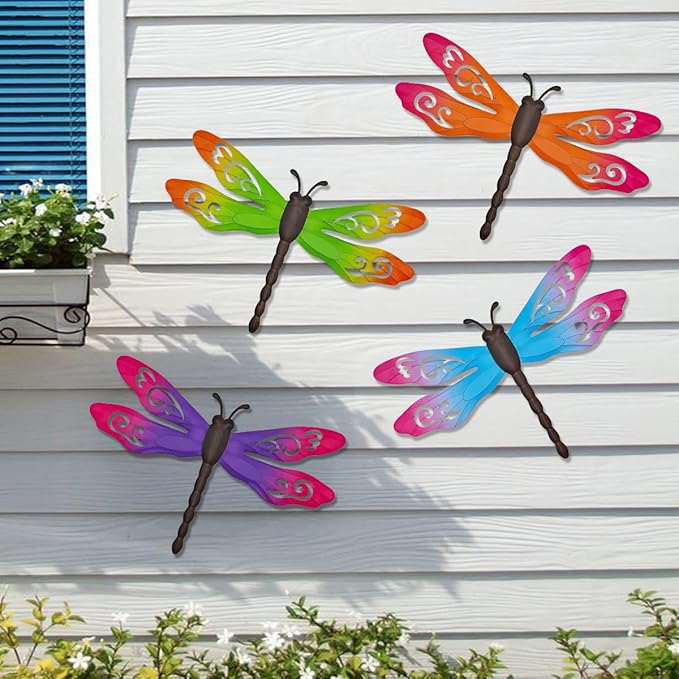 Metal Dragonfly Wall Decor, 4 Pack 14inch Metal Dragonfly Wall Hanging Sculpture Decor for Outdoor, Yard Patio Fence Garden Outside Decorations