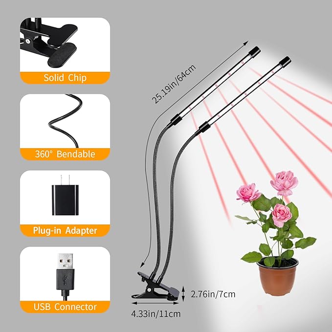Black Grow Lights for Indoor Plants, 168 LEDs Clip Plant Lights, Full Spectrum LED Plant Growing Lamps with Flexible Gooseneck 4/8/12/18H Timer, 3 Spectral Modes, 10 Dimmable Levels, 2Head x 2 Pack