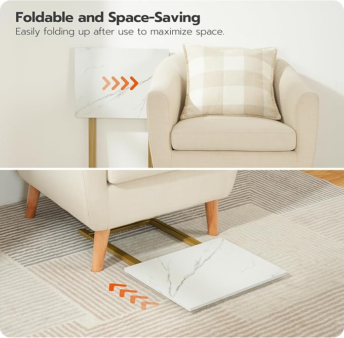 HOOBRO Folding TV Tray Tables, Set of 4 TV Trays with Storage Rack, Industrial Side Table for Eating at Couch, Foldable Snack Table for Small Space, Easy Assembly, Marble and Gold DM50BZ01