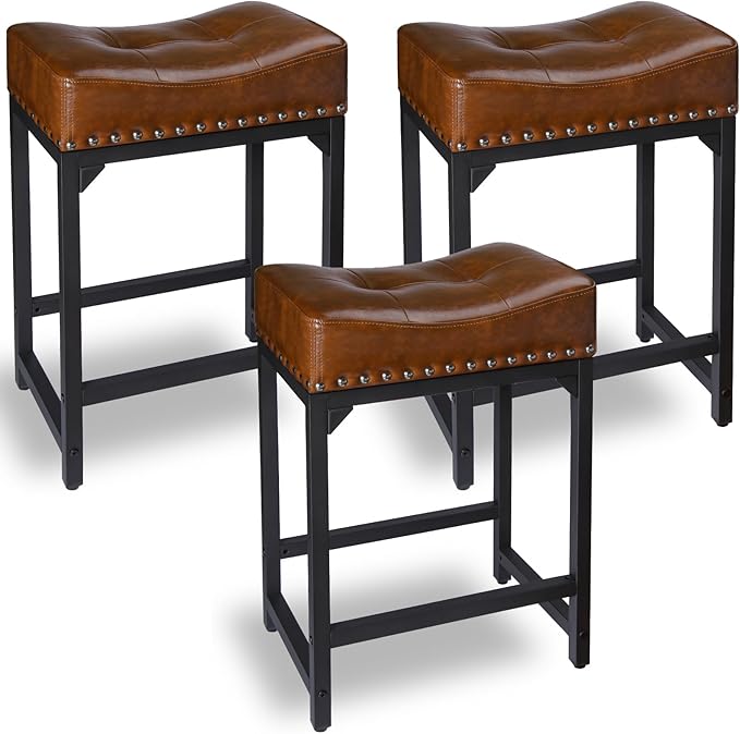Bar Stools Set of 3, Counter Height Bar Stools for Kitchen Counter, 24 Inch Saddle Backless Barstools Kitchen Stool, Counter Height Stool for Dinning Room, Island-Brown