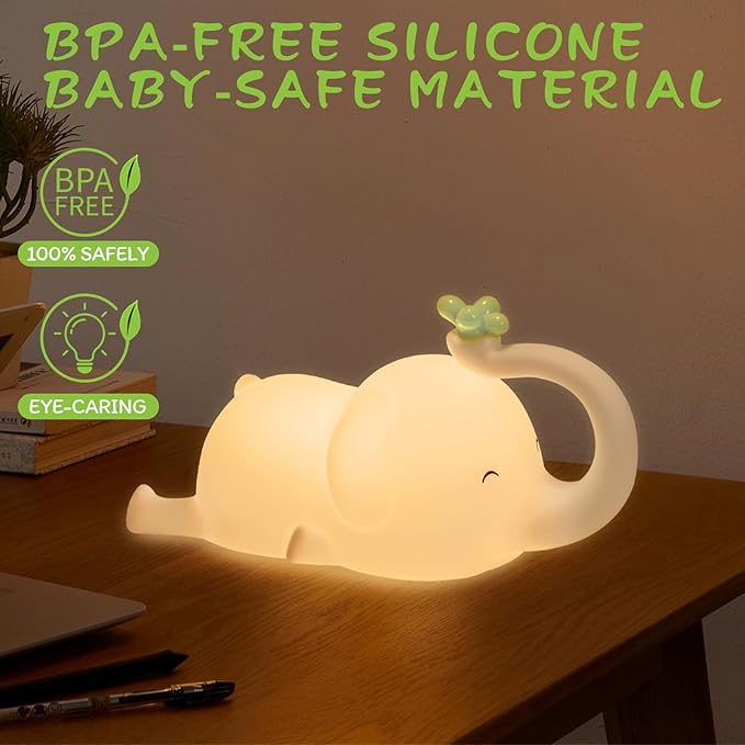 Silicone Night Light for Kids, Squishy Elephant Lamp - 3 Level Dimmable Rechargeable with Timer, Safe Bedside Light for Nursery Toddler Room