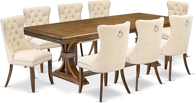 NEDA9-AWA-32 9-Piece Xtenczar Dining Table Set Includes a Rectangle Table and 8 Light Beige Polyester Fabric Dining Chairs, 44x100 Inch, Antique Walnut