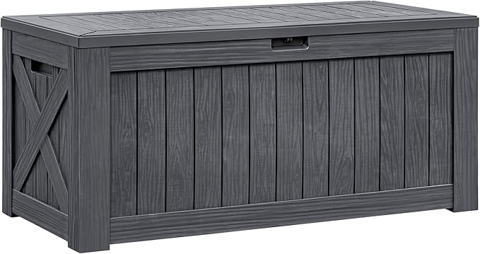 Flamaker Resin Deck Box 120 Gallon Waterproof Large Outdoor Indoor Storage Box Imitation Wood Resin for Patio Furniture Garden Tools and Pool (Gray)