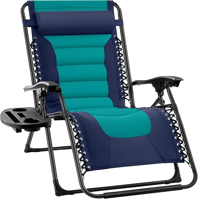 Best Choice Products Oversized Padded Zero Gravity Chair, Folding Outdoor Patio Recliner, XL Anti Gravity Lounger for Backyard w/Headrest, Cup Holder, Side Tray, Polyester Mesh - Navy/Teal