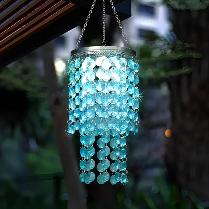 Hanging Solar Crystal Chandelier Outdoor, 21” Modern Solar Blue Acrylic Beaded Lantern with Cool White LED S Hooks for Garden Yard Patio Gazebo Outside Decor