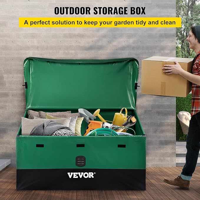 VEVOR Outdoor Storage Box, 150 Gallon Waterproof PE Tarpaulin Deck Box w/Galvanized Frame, All-Weather Protection & Portable, for Camping, Garden, Poolside, and Yard, Black & Green