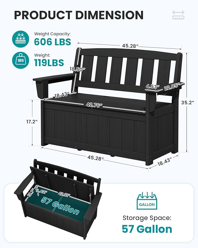 SERWALL HDPE Outdoor Storage Bench, All-Weather, UV-Resistant Deck Box with Waterproof Storage Bags, 57 Gallon Dual-Use Seat & Organizer Deck Boxes for Patio, Garden Tools & Pool (Matte Black)