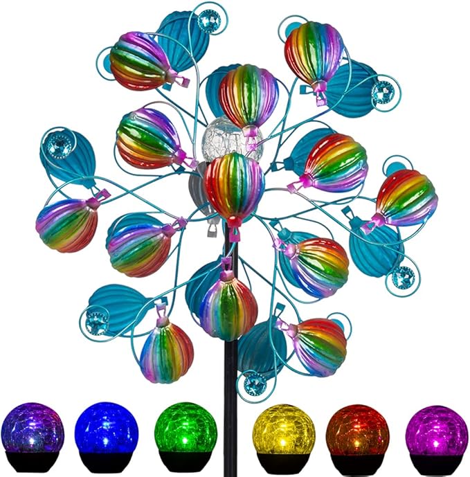 Solar Wind Spinners Outdoor,Hot Air Balloon Wind Spinner with LED Glass Ball,Muti-color Wind Spinners for Yard and Garden,Pinwheels Kinetic Wind Spinner,Wind Sculptures & Spinners for Pathway
