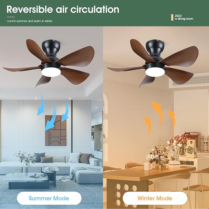 Kviflon Ceiling Fans with Lights and Remote/APP Control, 30 inch Low Profile Ceiling Fans with 5 Reversible Blades 3 Colors Dimmable 6 Speeds Ceiling Fan for Bedroom Dining Room, Wood Color
