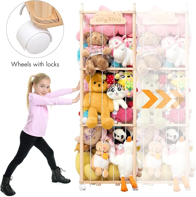 Stuffed Animal Storage Organizer, Zoo Toy Storage Holder with Wheels, Extra Large Capacity Wooden Stuffed Animals Storage Cage, Soft Toy Stuffed Animal Holder Tower for Nursery Playroom Bedroom