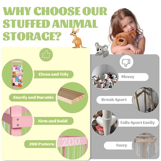 Trycooling Stuffed Animal Zoo Stuffed Animal Storage Wood Plushie Storage Stuffed Animals Zoo Storage Cage with Zoo Pattern Elastic Band for Nursery Play Room Bedroom (Pink)