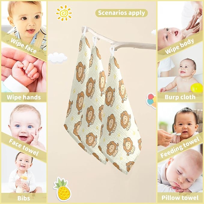 vvfelixl Baby Washcloths Cotton Cute Lion Baby Muslin Washcloths Soft Baby Face Towel for Newborn Infants Baby Wipes, 11.8 X 11.8 Inch, 3 Pack Yellow