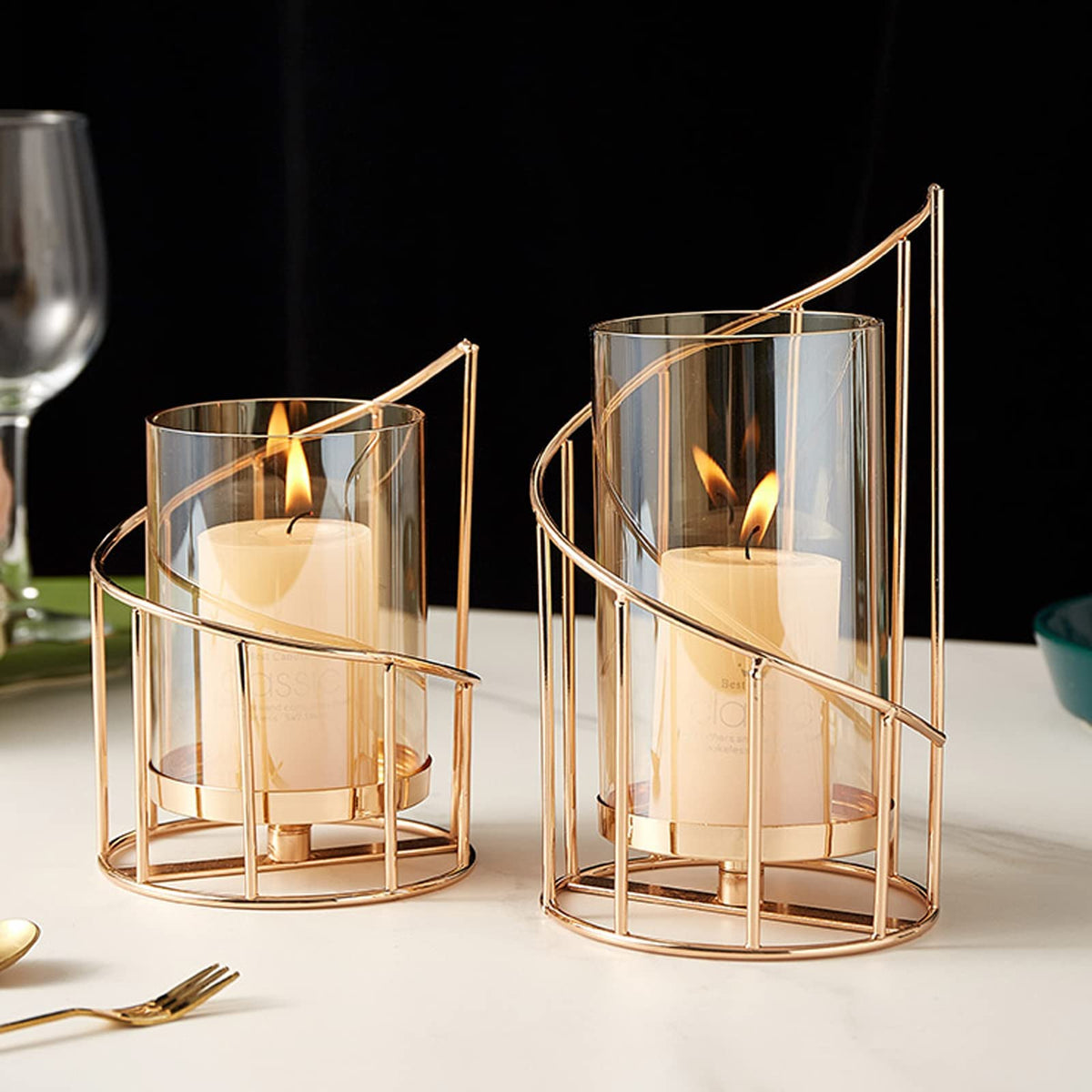 MrMrKura Metal Wire Candle Holder Set of 2, Glass Pillar Candle Holders Gold Decorative Tea Light Candleholders for Home Decor Table Decorations Centerpiece